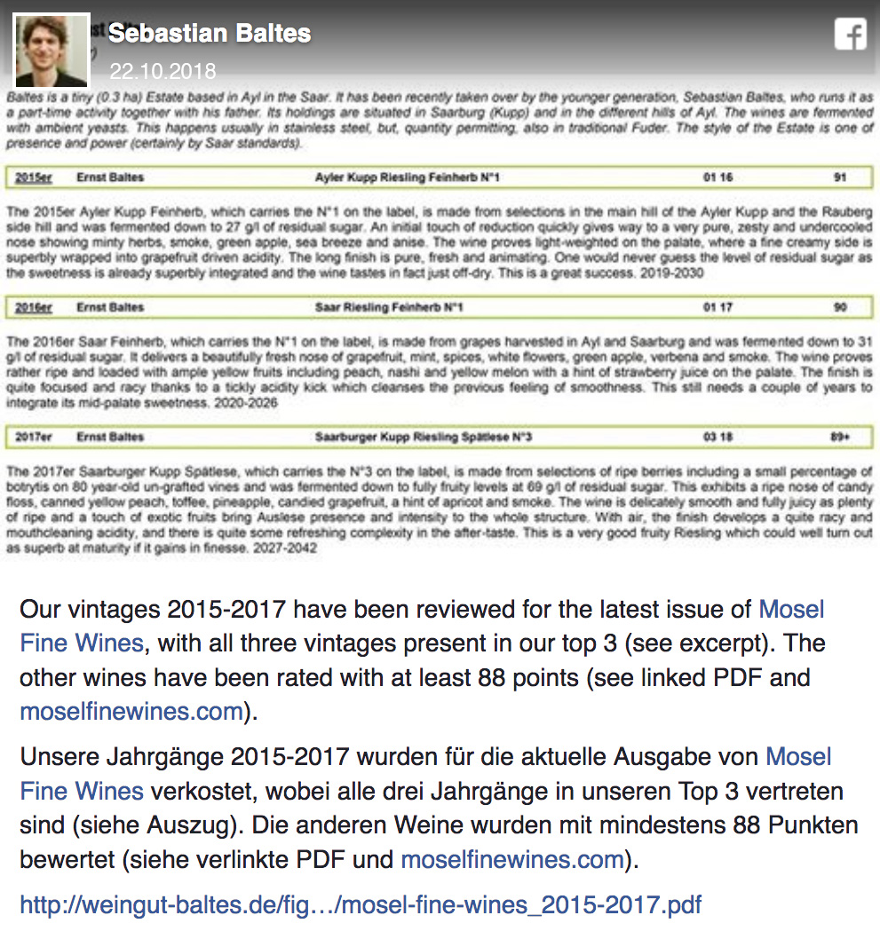 Facebook-Beitrag vom 22.10.2018: Mosel Fine Wines bewertet Jahrgänge 2015–2017 mit bis zu 91 Punkten