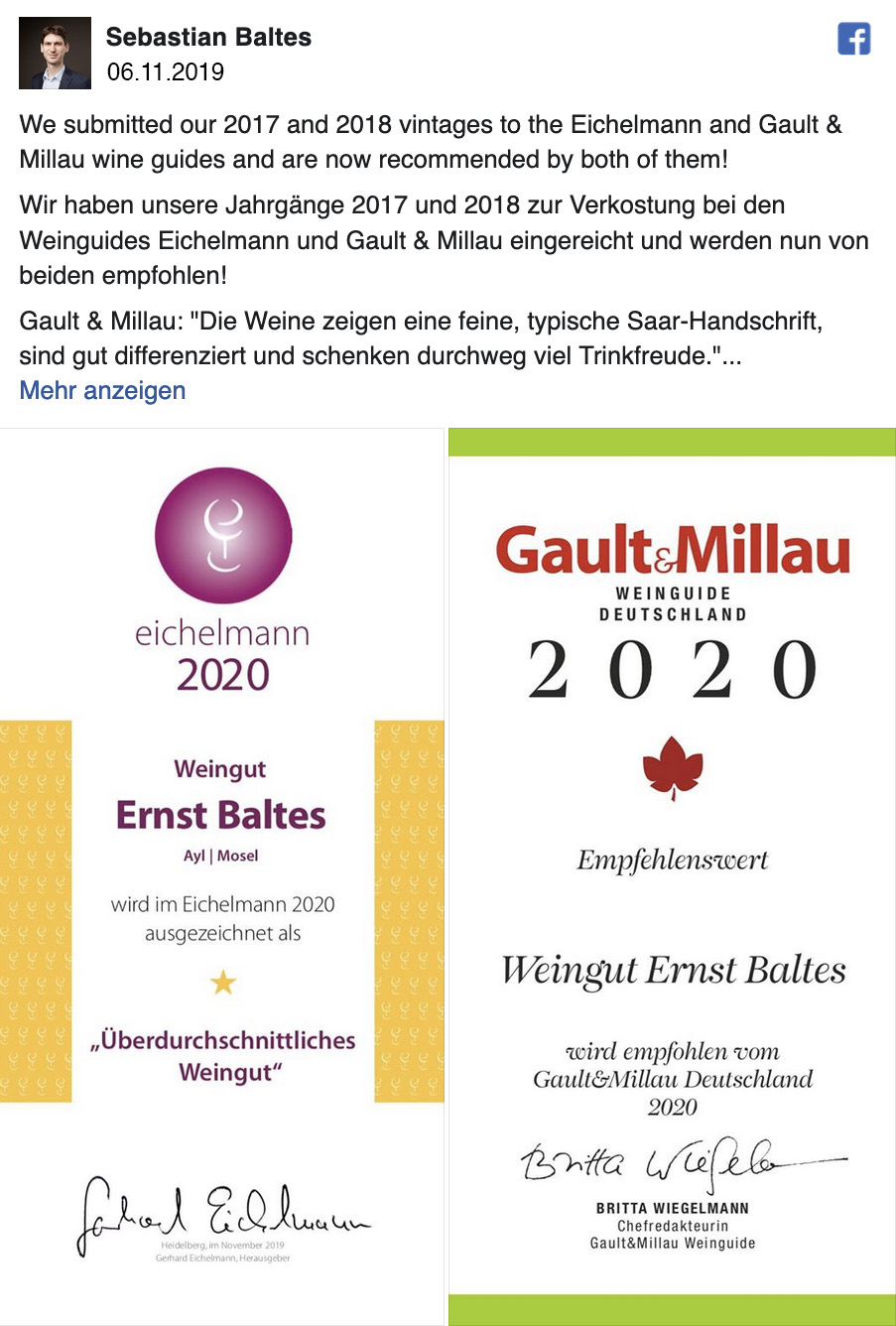 Facebook-Beitrag vom 6.11.2019: Eichelmann 2020 „Überdurchschnittliches Weingut“ und Gault & Millau 2020 „Empfehlenswert“